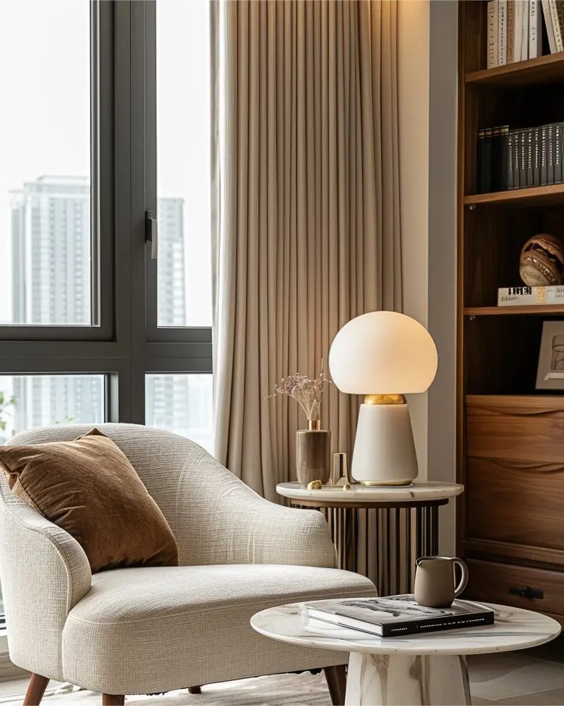 Cozy reading nook with beige curtains, a plush armchair, marble side table, and built-in bookshelf near large windows.