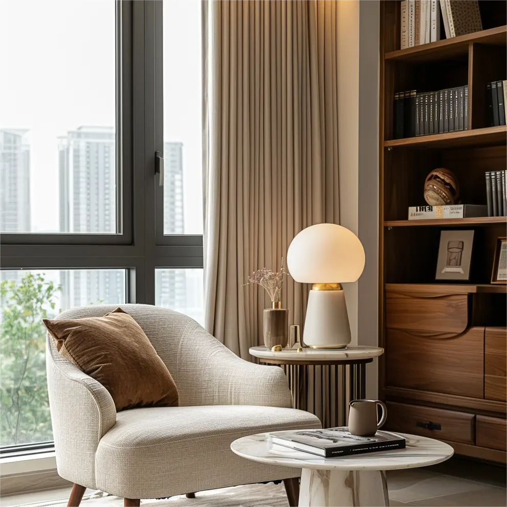 Cozy reading nook with beige curtains, a plush armchair, marble side table, and built-in bookshelf near large windows.