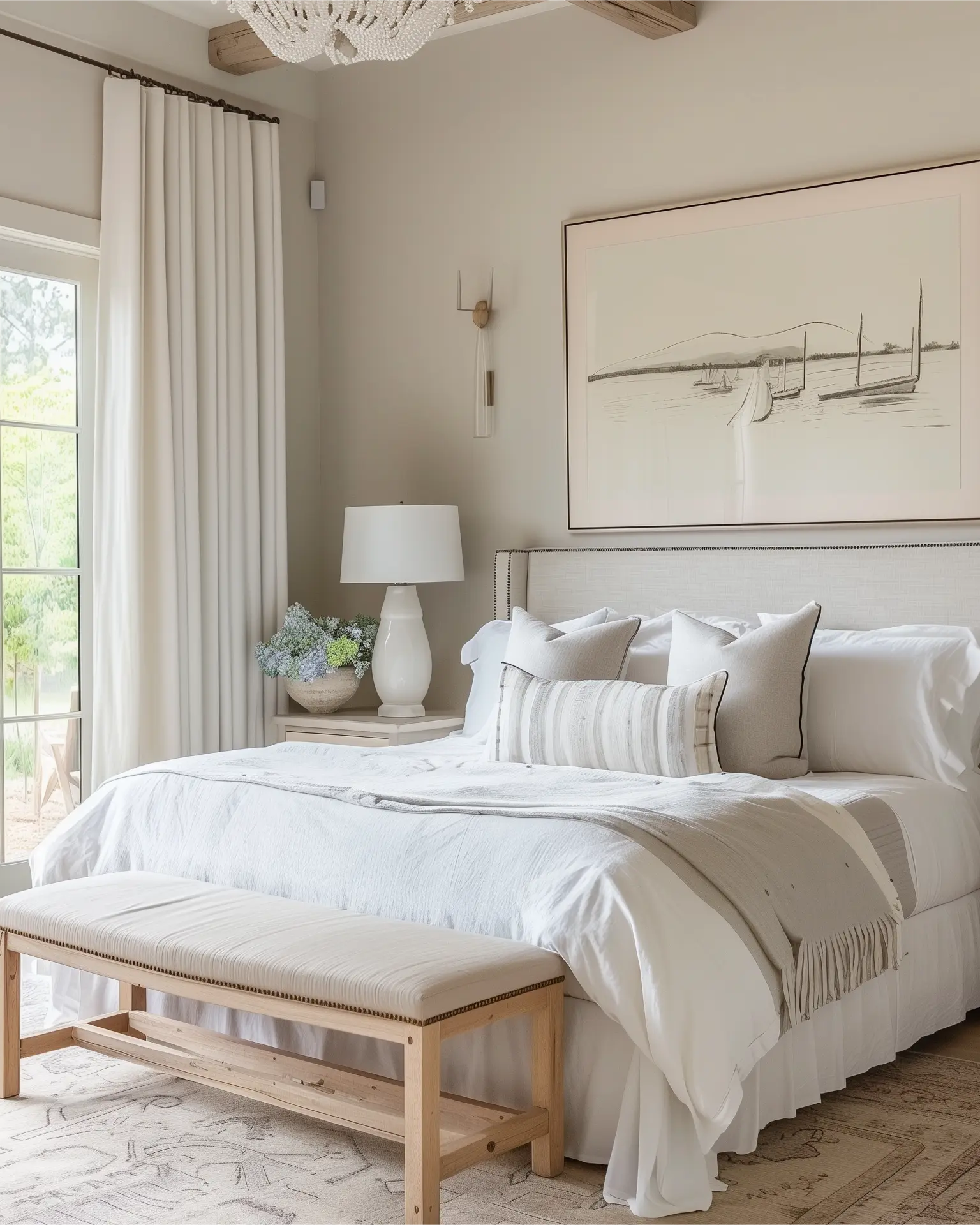 The bedroom room features white linen and polyester pleated curtains hanging on black rods.
