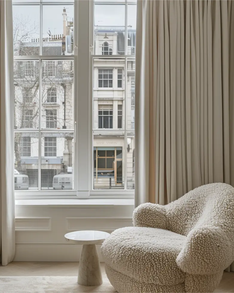 Cozy room with beige curtains, a plush accent chair, and large windows overlooking city buildings.