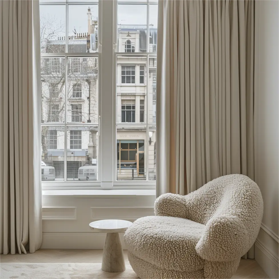 Cozy room with beige curtains, a plush accent chair, and large windows overlooking city buildings.