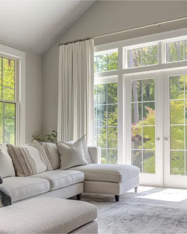 In the living room, white linen pleated curtains are hung on rods.