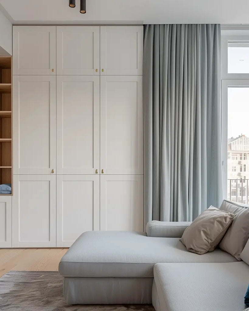 Blue linen soft top curtains are installed on rods in the bedroom.