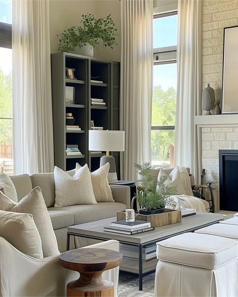 White silk soft top curtains are installed on rods in the living room.
