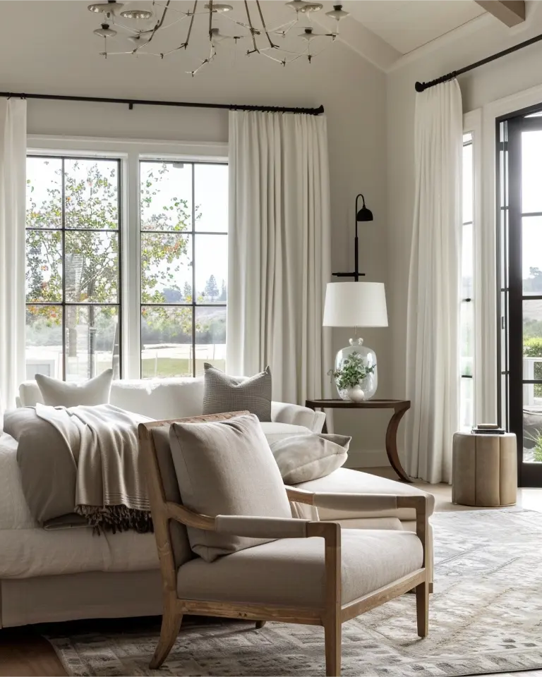 Pleated curtains made of white velvet are installed on rods in the living room.