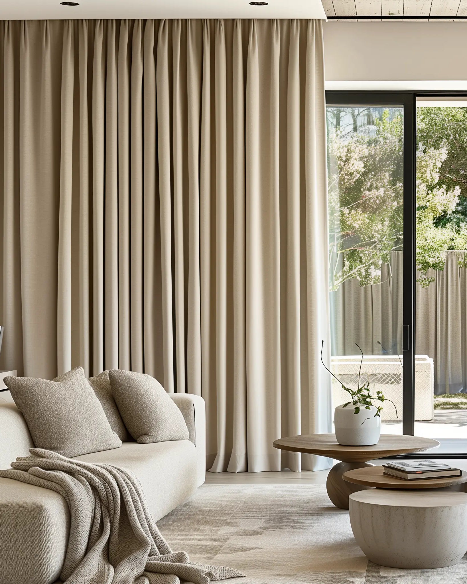 Soft top curtains made of white velvet are installed on rods for living room.