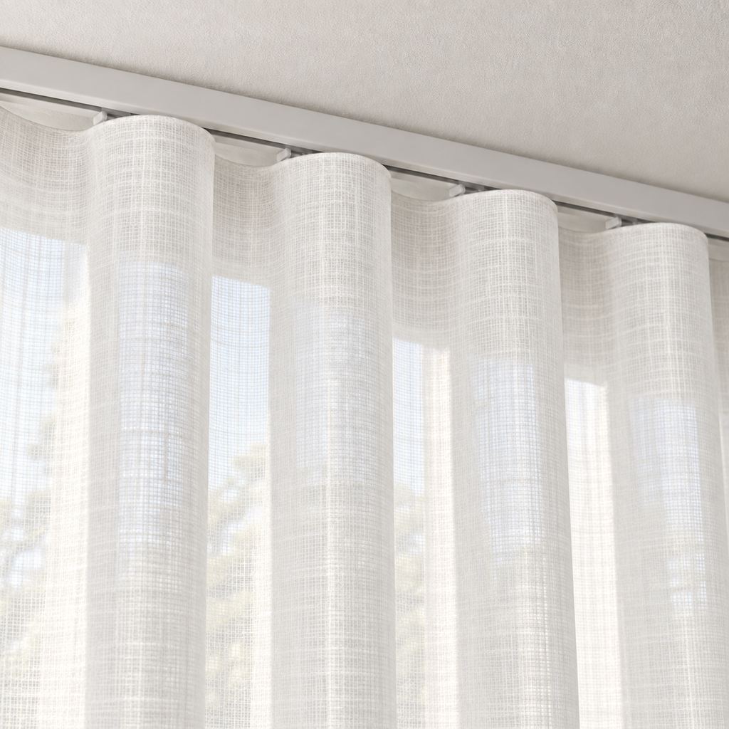 Ivory sheer ripple fold curtain close-up beneath a white ceiling track