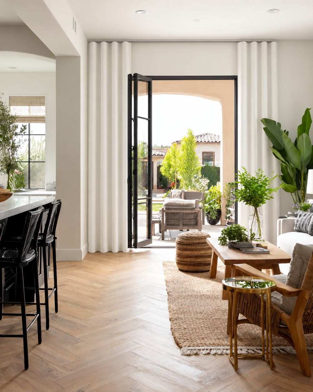 Ripple Fold linen curtains with continuous wave folds in a bright living room