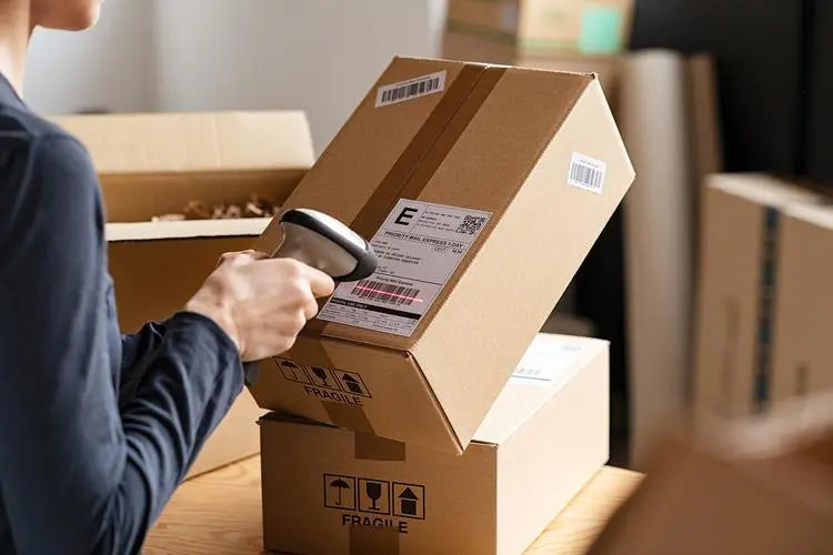 Worker scanning packages for rapid delivery processing in a warehouse