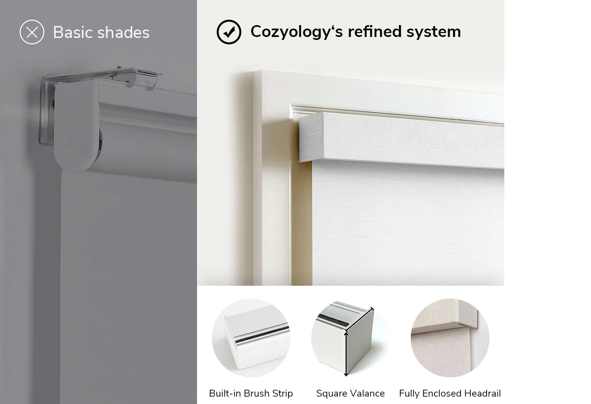 Cozyology custom roller shade system featuring square valance, enclosed headrail, and built-in brush strip — a modern upgrade over basic shades.