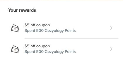 Example Smile Your rewards list showing two $5 off coupons earned for 500 points each, without coupon codes