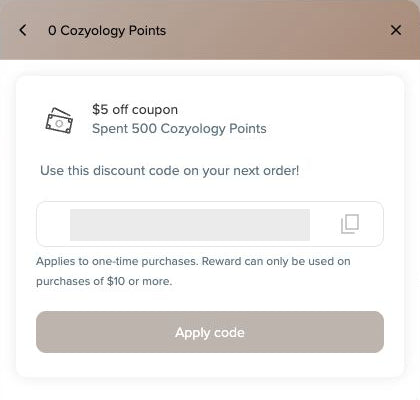 Issued $5 off coupon details with the copy icon beside its hidden discount code and an Apply code button