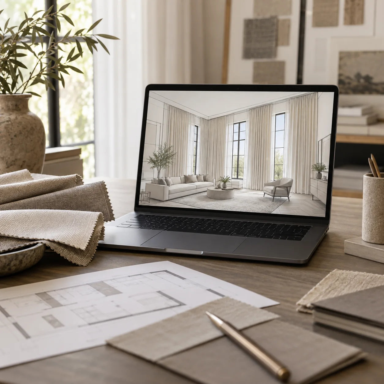 Laptop showing a custom drapery rendering beside fabric swatches and a floor plan